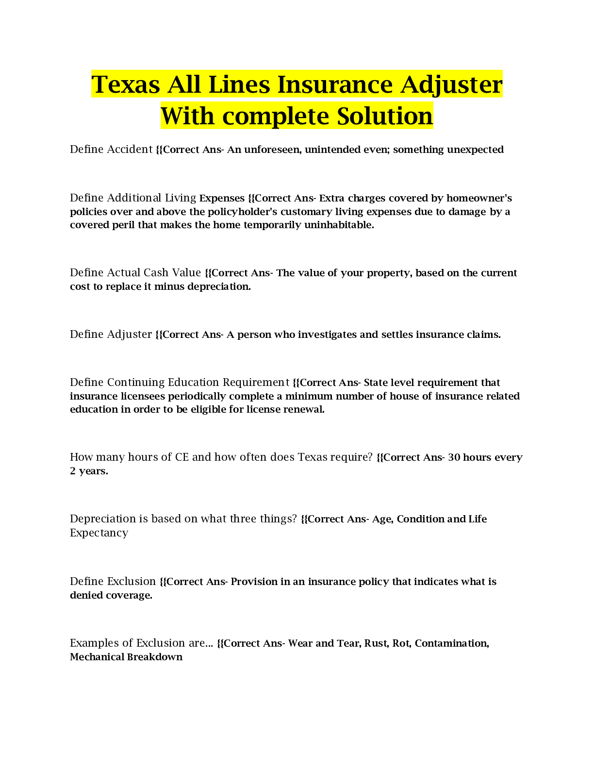 Preview image of Texas All Lines Insurance Adjuster With complete Solution document